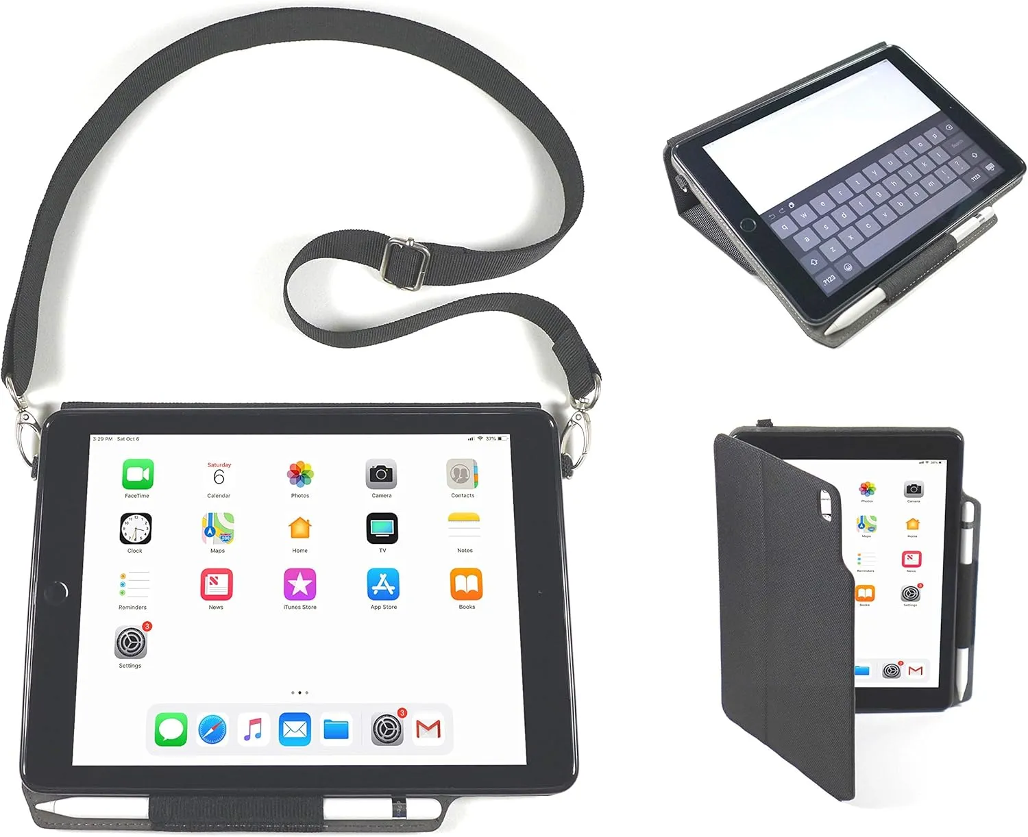 – Model V3 – Apple iPad Carrying Case & Tablet Stand for 9.7 Inch 2017 iPads Generation 5 & 6 / Air 1 & 2 w/Kickstand, Stylus Holder & Shoulder Strap, Protective Black Ballistic Nylon