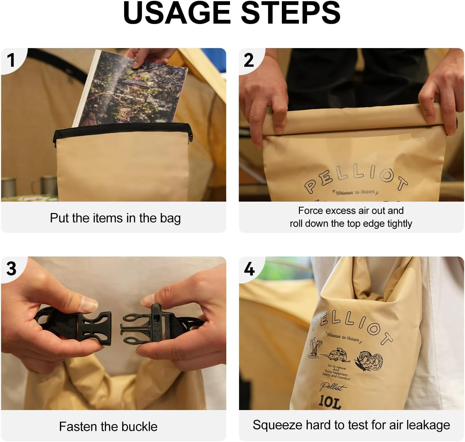 10L Dry Bag Backpack Waterproof Roll Top Lightweight Storage Backpack Bag Adjustable Portable Dry Sack for Kayaking Boating Camping & Hiking Khaki
