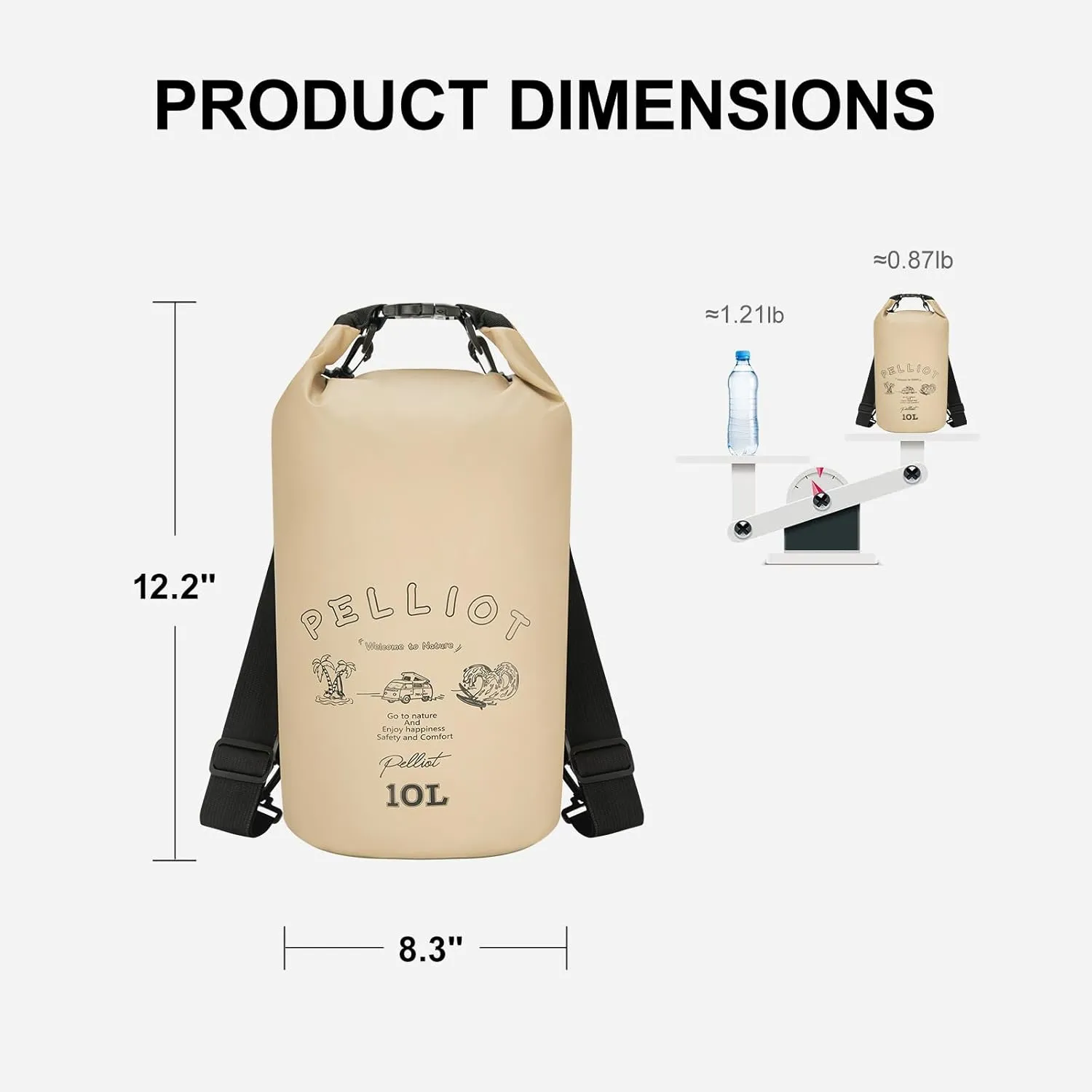 10L Dry Bag Backpack Waterproof Roll Top Lightweight Storage Backpack Bag Adjustable Portable Dry Sack for Kayaking Boating Camping & Hiking Khaki