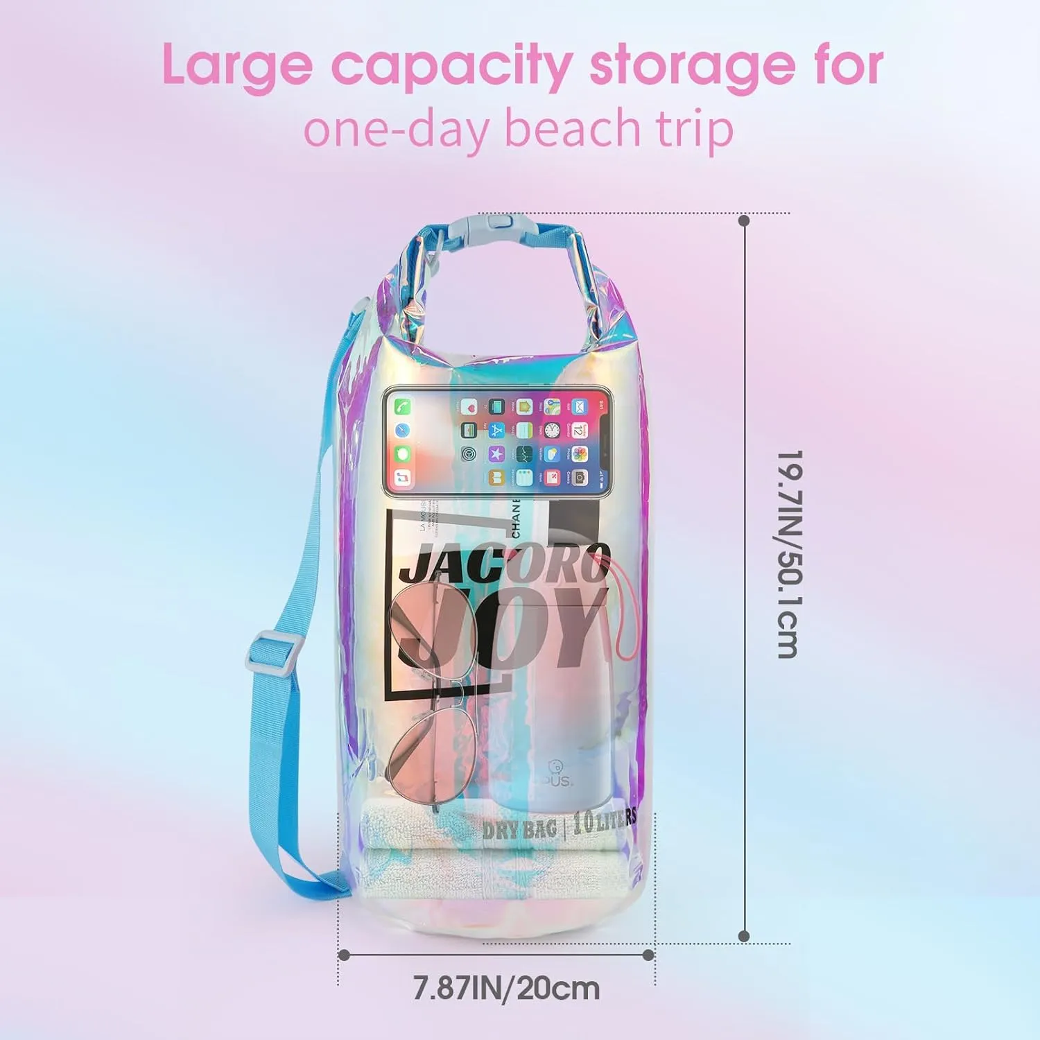 10L Dry Bag Iridescent TPU Waterproof Beach Bag for Kayaking Boating Swimming Rafting