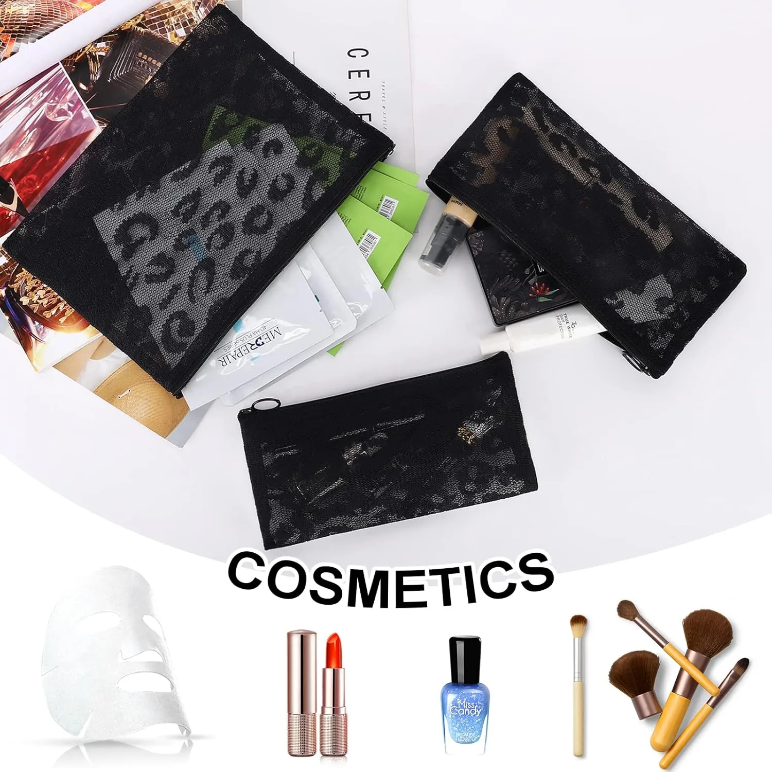 12 Pieces Zipper Nylon Mesh Pouch, Mesh Cosmetic Bags Makeup Bags Pencil Case, Multipurpose Travel Bags for Cosmetic School Office Supplies and Travel Accessories (Black Lace, Assorted Sizes)