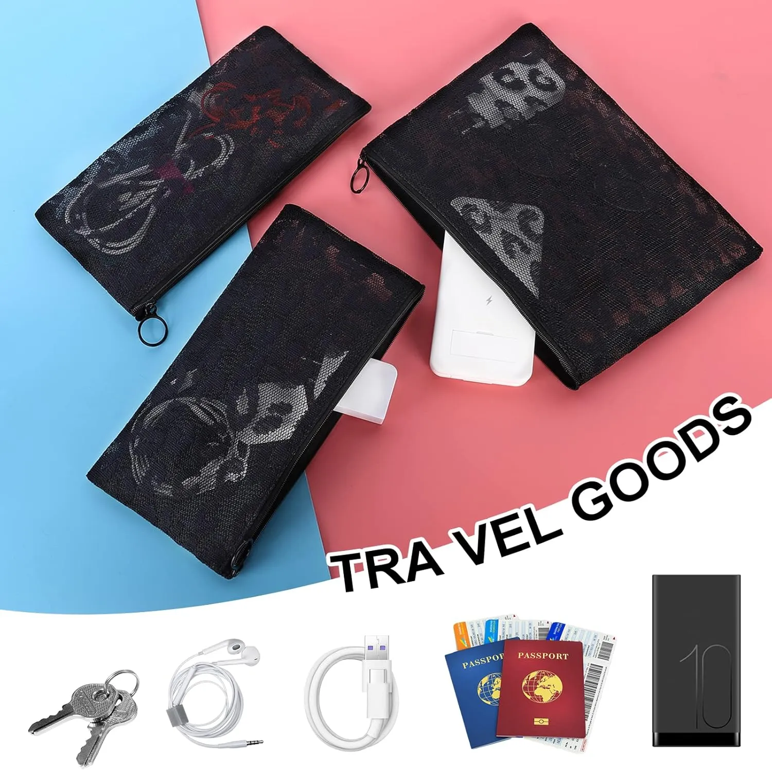 12 Pieces Zipper Nylon Mesh Pouch, Mesh Cosmetic Bags Makeup Bags Pencil Case, Multipurpose Travel Bags for Cosmetic School Office Supplies and Travel Accessories (Black Lace, Assorted Sizes)