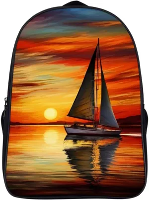 16 Inch Backpack Sunrise Sailing Boat Laptop Backpack Lightweight Full Print Travel Bag Casual Daypack for Women Men