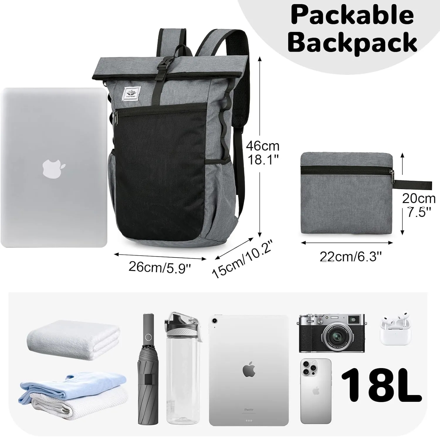 18L Foldable Roll Top Hiking Backpack, Lightweight Packable Backpack for Men Women, Water Resistant Casual Daypack for College Camping Outdoor Commute, Grey