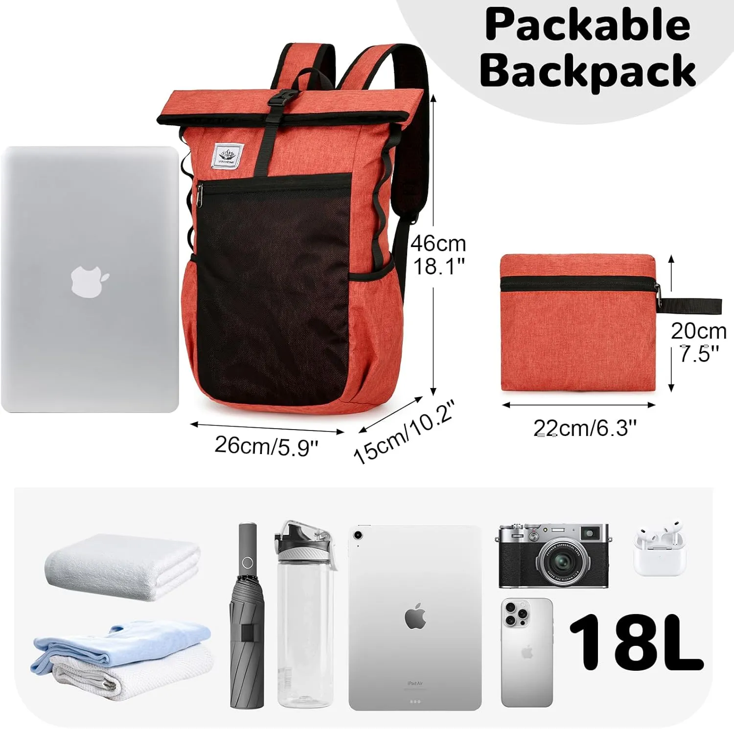 18L Foldable Roll Top Hiking Backpack, Lightweight Packable Backpack for Men Women, Water Resistant Casual Daypack for College Camping Outdoor Commute, Red