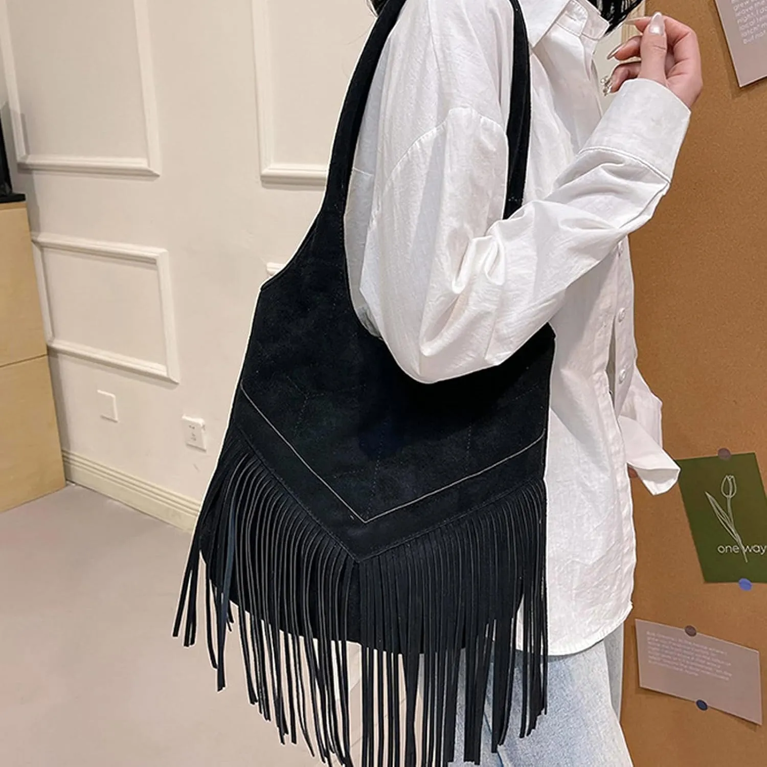 1pcs Faux Suede Shoulder Bag Hobo Tassel Messenger Bag Women Fringe Hippie Cross body Bag