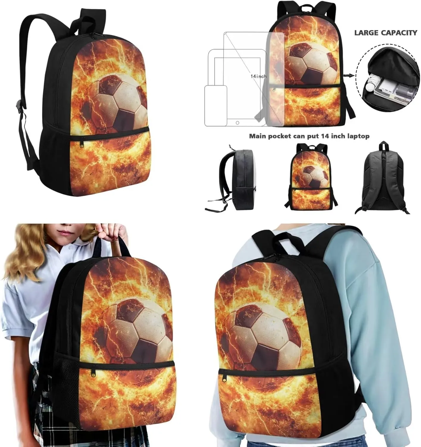1st Grade Soccer Backpack with Lunch Box 17 Inch School Bag for 6 Year Old Boys 3 Piece Lightweight Bookbag Set Outdoor Classroom Ergonomic