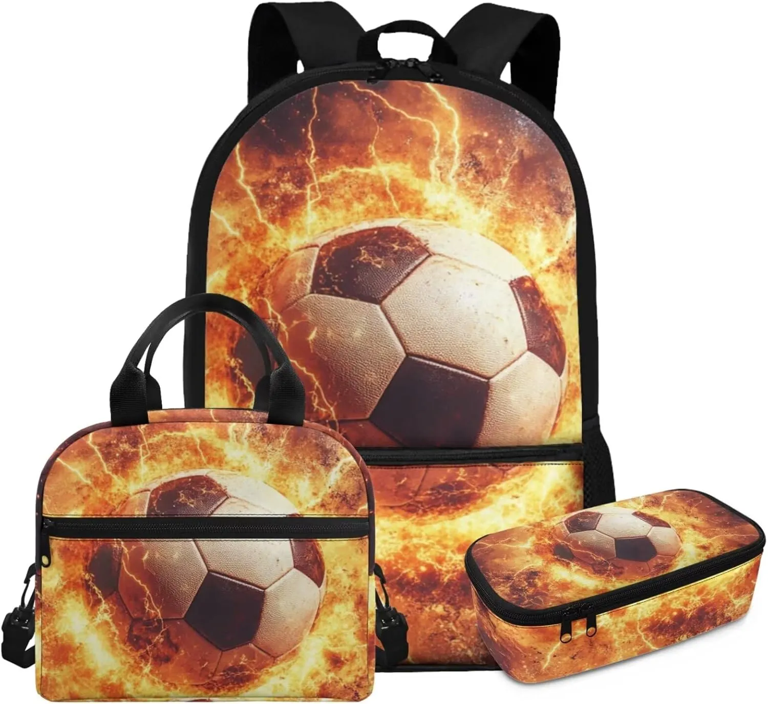 1st Grade Soccer Backpack with Lunch Box 17 Inch School Bag for 6 Year Old Boys 3 Piece Lightweight Bookbag Set Outdoor Classroom Ergonomic