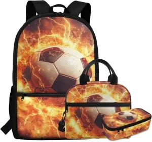 1st Grade Soccer Backpack with Lunch Box 17 Inch School Bag for 6 Year Old Boys 3 Piece Lightweight Bookbag Set Outdoor Classroom Ergonomic