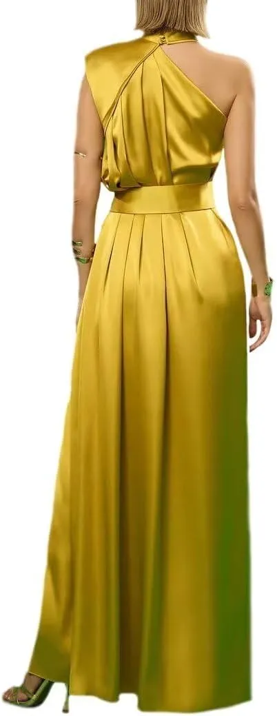 2025 Sexy Silk Prom Dress Pleated Floor Length Wedding Guest Dresses One Shoulder Slit Evening Gown Waisted Party Dresses