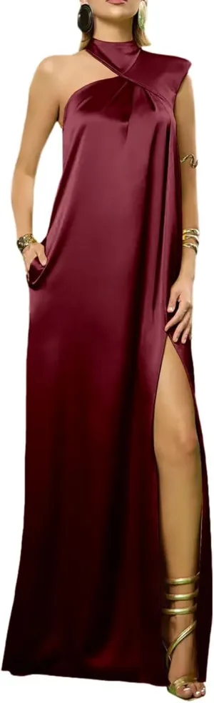2025 Sexy Silk Prom Dress Pleated Floor Length Wedding Guest Dresses One Shoulder Slit Evening Gown Waisted Party Dresses