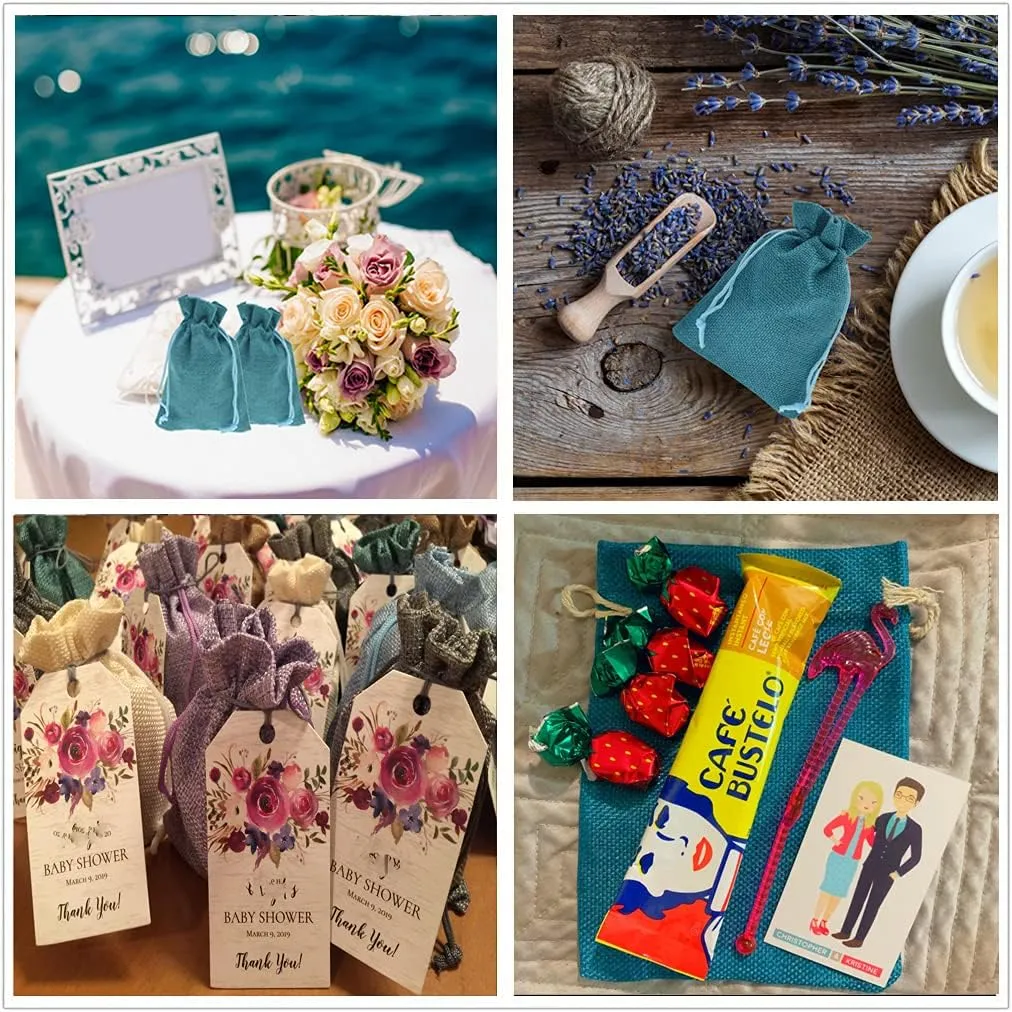 20Pcs Burlap Bags with Drawstring, 3.9 x 5.5 Inch Burlap Wedding Party Favor Bags Jute Jewelry Sacks Christmas Candy Gift Pouches (Peacock Blue)