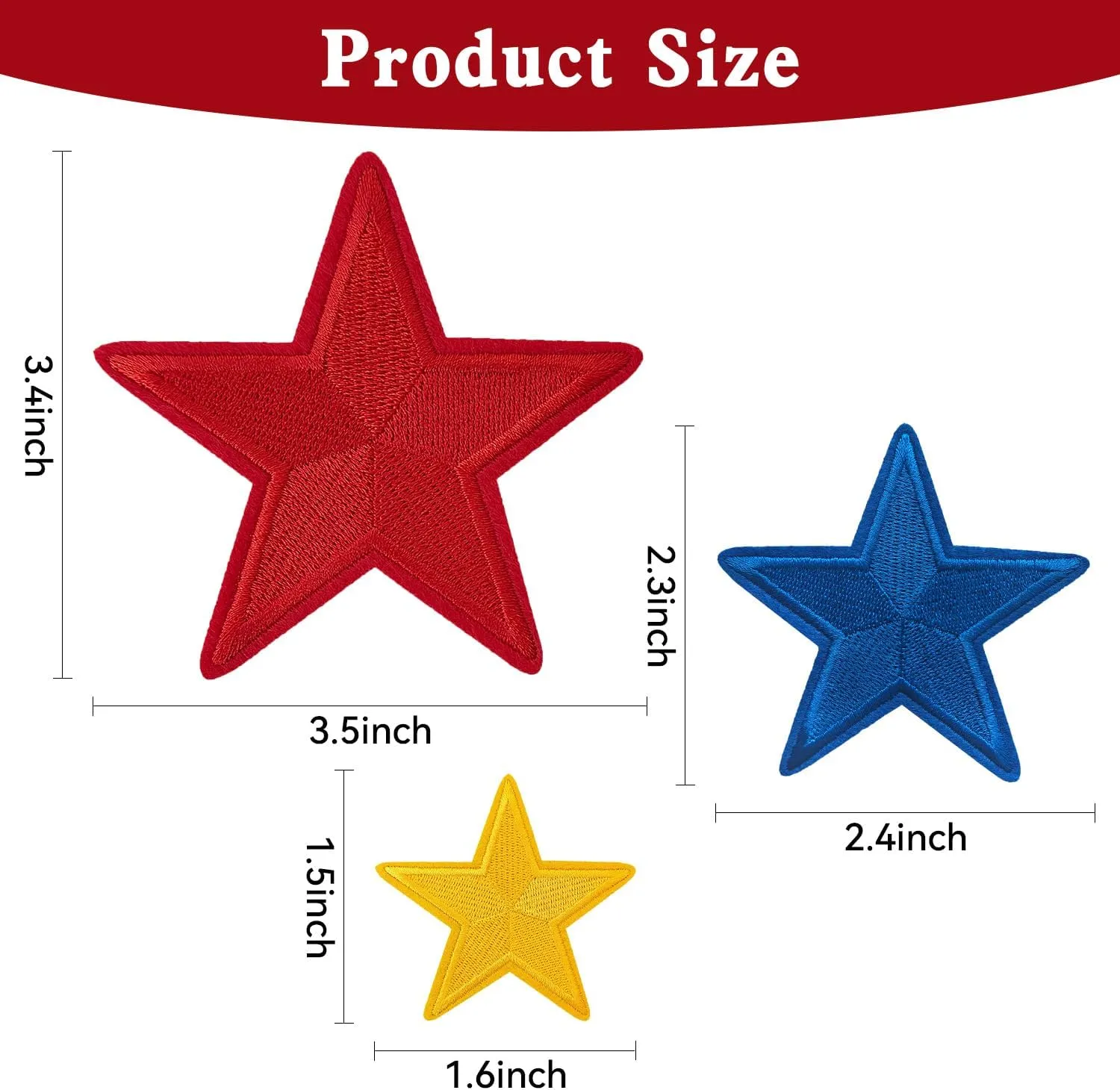 24PCS Star Iron On Patches - Star Decoration - Embroidered Patches for DIY Crafts, Backpacks, Bags, Hats, Coats, Clothes - Red, White, Blue - 3 Sizes