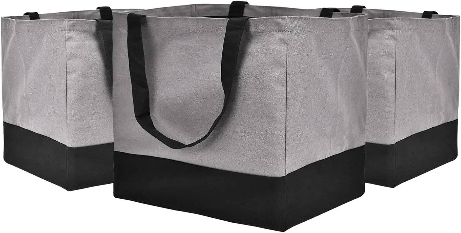 3 Pack Reusable Grocery Bags Heavy Duty, 8.3 gal Foldable Large Canvas Tote Bag with Handles, Holds 60 lbs Eco-friendly Bags with 5 Pockets, Grey Black