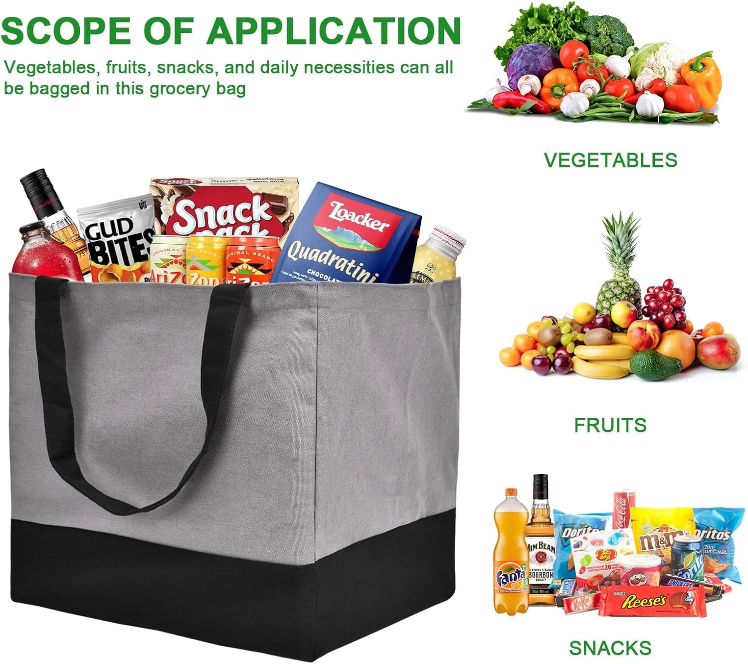 3 Pack Reusable Grocery Bags Heavy Duty, 8.3 gal Foldable Large Canvas Tote Bag with Handles, Holds 60 lbs Eco-friendly Bags with 5 Pockets, Grey Black