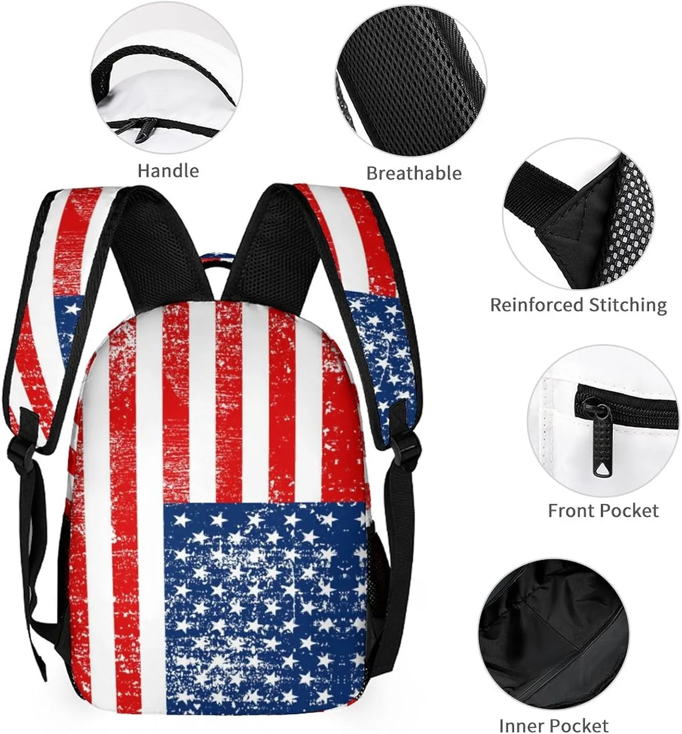 3PCS American Flag Backpack Set, Lightweight Durable Daypack Cute Laptop Bag with Lunch Bags, Stylish Shoulders Backpack with Multiple Pockets(Classic American Flag)
