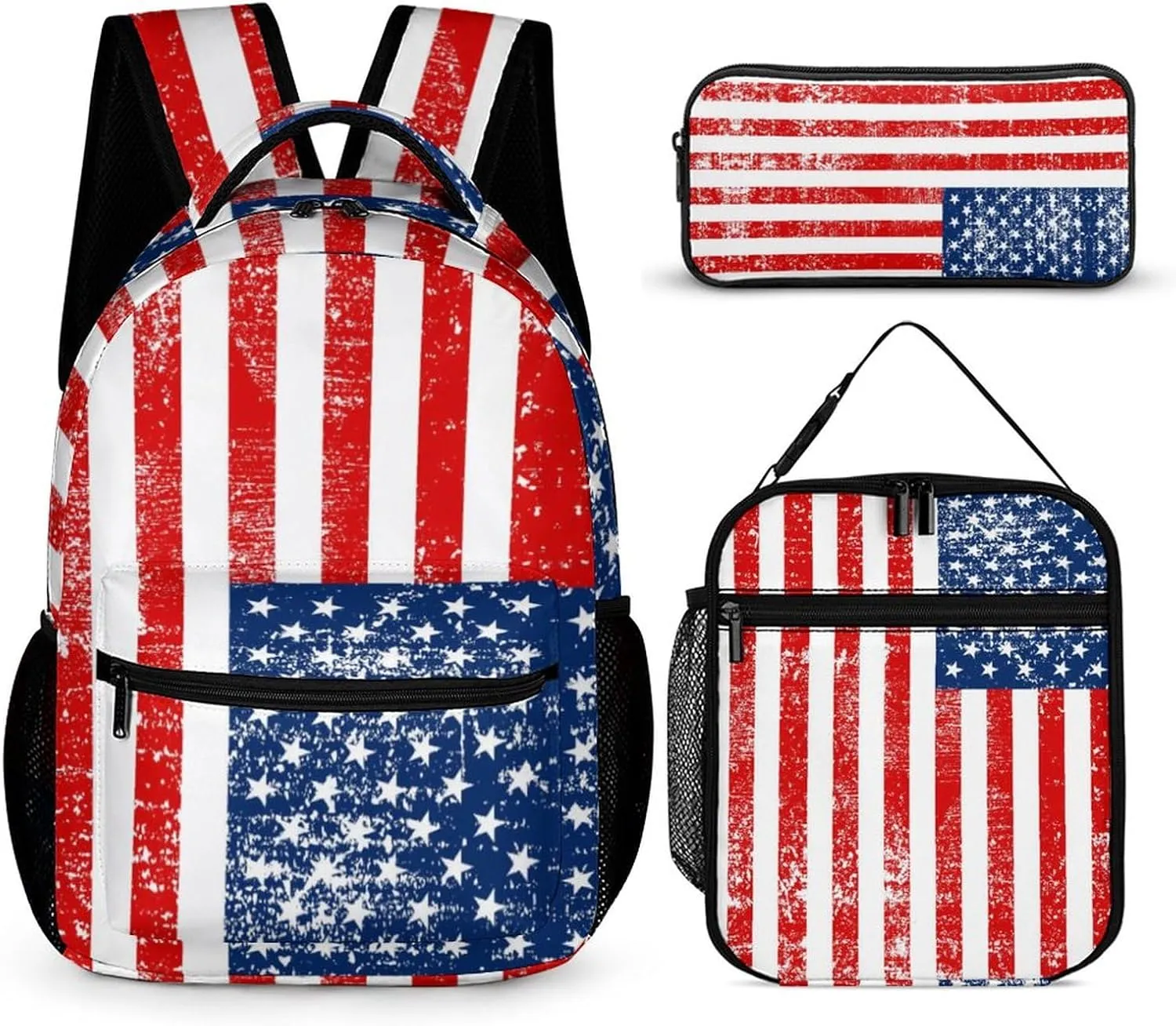 3PCS American Flag Backpack Set, Lightweight Durable Daypack Cute Laptop Bag with Lunch Bags, Stylish Shoulders Backpack with Multiple Pockets(Classic American Flag)