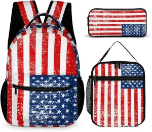 3PCS American Flag Backpack Set, Lightweight Durable Daypack Cute Laptop Bag with Lunch Bags, Stylish Shoulders Backpack with Multiple Pockets(Classic American Flag)