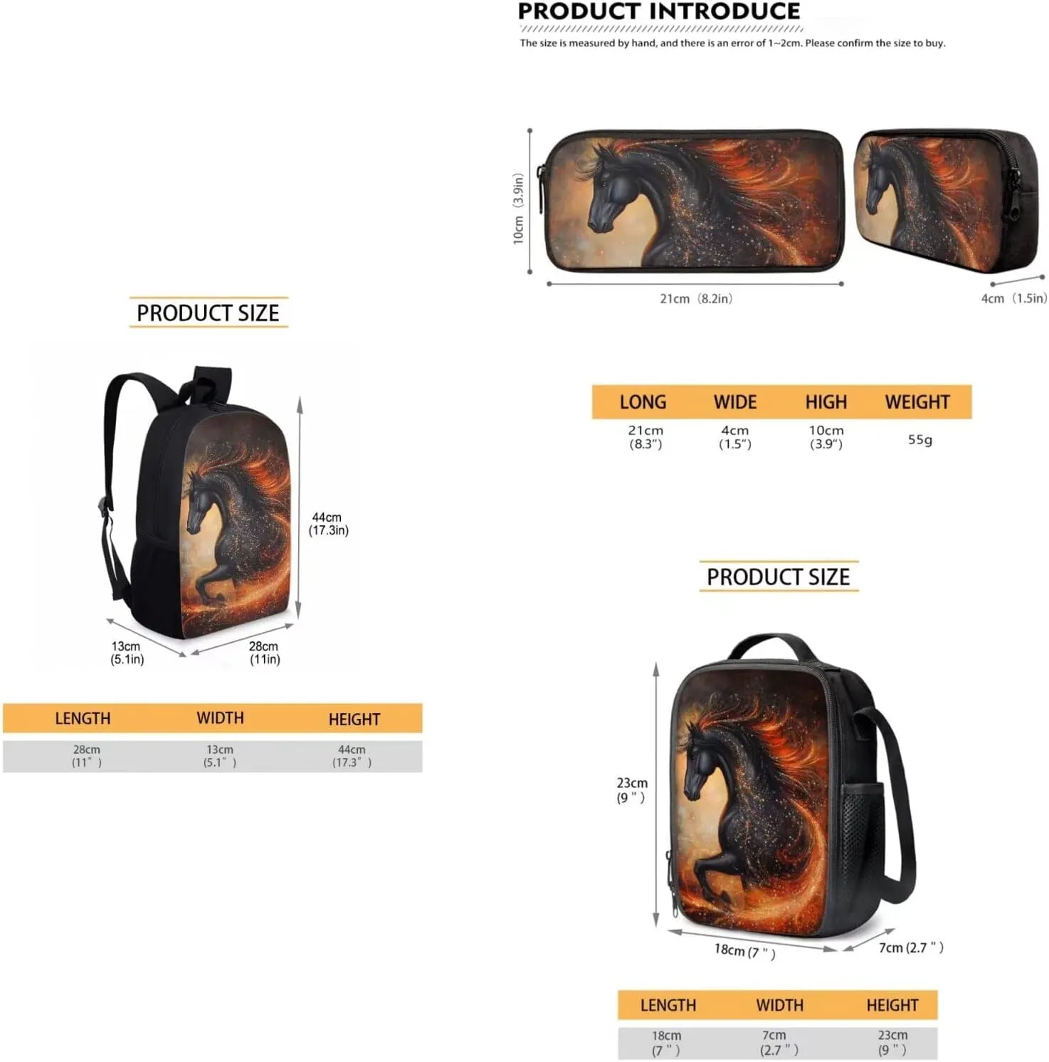 3PCS School Backpack for Teens Boys Girls Bling Black Horse Print Backpack for High School Boys Travel Backpack Daypack Rucksack Lunch Bags Pencil Case for Women Men