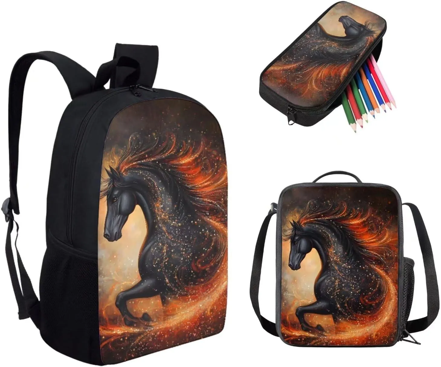 3PCS School Backpack for Teens Boys Girls Bling Black Horse Print Backpack for High School Boys Travel Backpack Daypack Rucksack Lunch Bags Pencil Case for Women Men