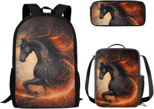 3PCS School Backpack for Teens Boys Girls Bling Black Horse Print Backpack for High School Boys Travel Backpack Daypack Rucksack Lunch Bags Pencil Case for Women Men