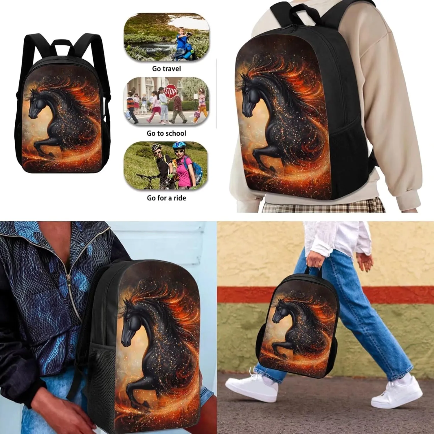 3PCS School Backpack for Teens Boys Girls Bling Black Horse Print Backpack for High School Boys Travel Backpack Daypack Rucksack Lunch Bags Pencil Case for Women Men