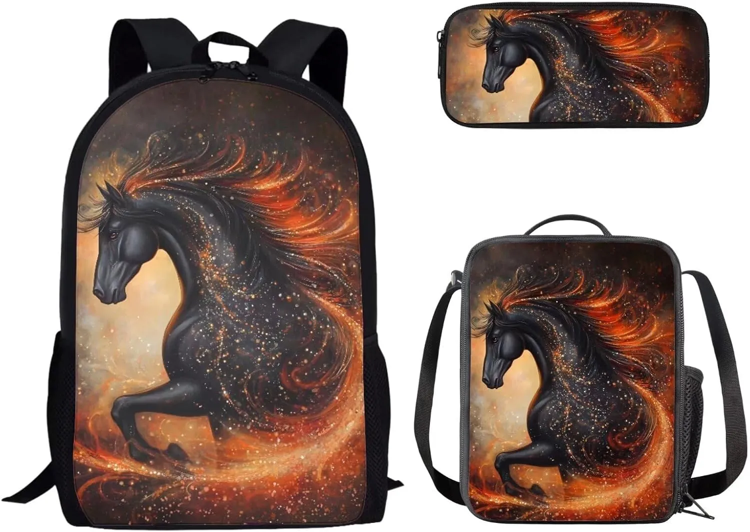 3PCS School Backpack for Teens Boys Girls Bling Black Horse Print Backpack for High School Boys Travel Backpack Daypack Rucksack Lunch Bags Pencil Case for Women Men