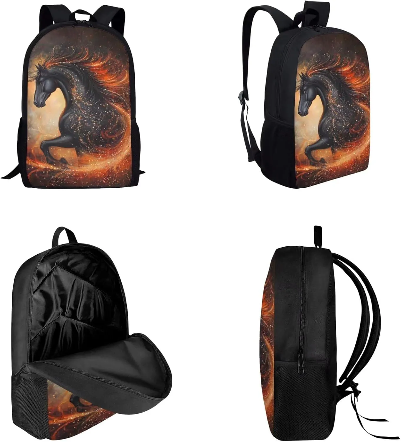 3PCS School Backpack for Teens Boys Girls Bling Black Horse Print Backpack for High School Boys Travel Backpack Daypack Rucksack Lunch Bags Pencil Case for Women Men