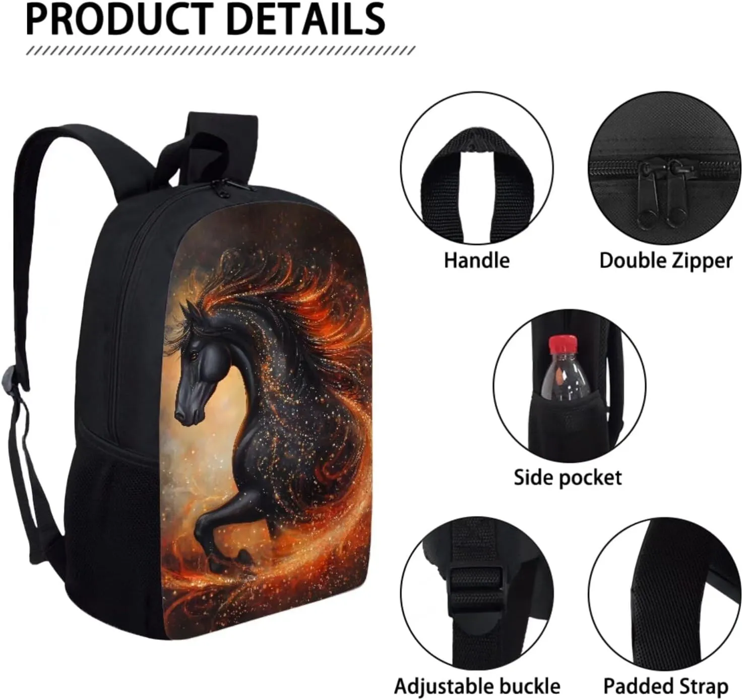 3PCS School Backpack for Teens Boys Girls Bling Black Horse Print Backpack for High School Boys Travel Backpack Daypack Rucksack Lunch Bags Pencil Case for Women Men
