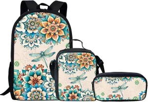 3Pcs/Set Mandala Floral Dragonfly Print Teen Girls Junior School Bag Bookbag for Kids Elementary School Backpack with Lunch Bag Pencil Case