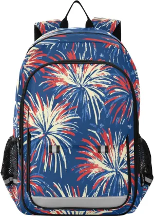 4th of July Backpack Kids School Bag Fireworks Lightweight Laptop Backpack Elementary Capacity Student Bookbags for Travel Daypack with Reflective Stripes