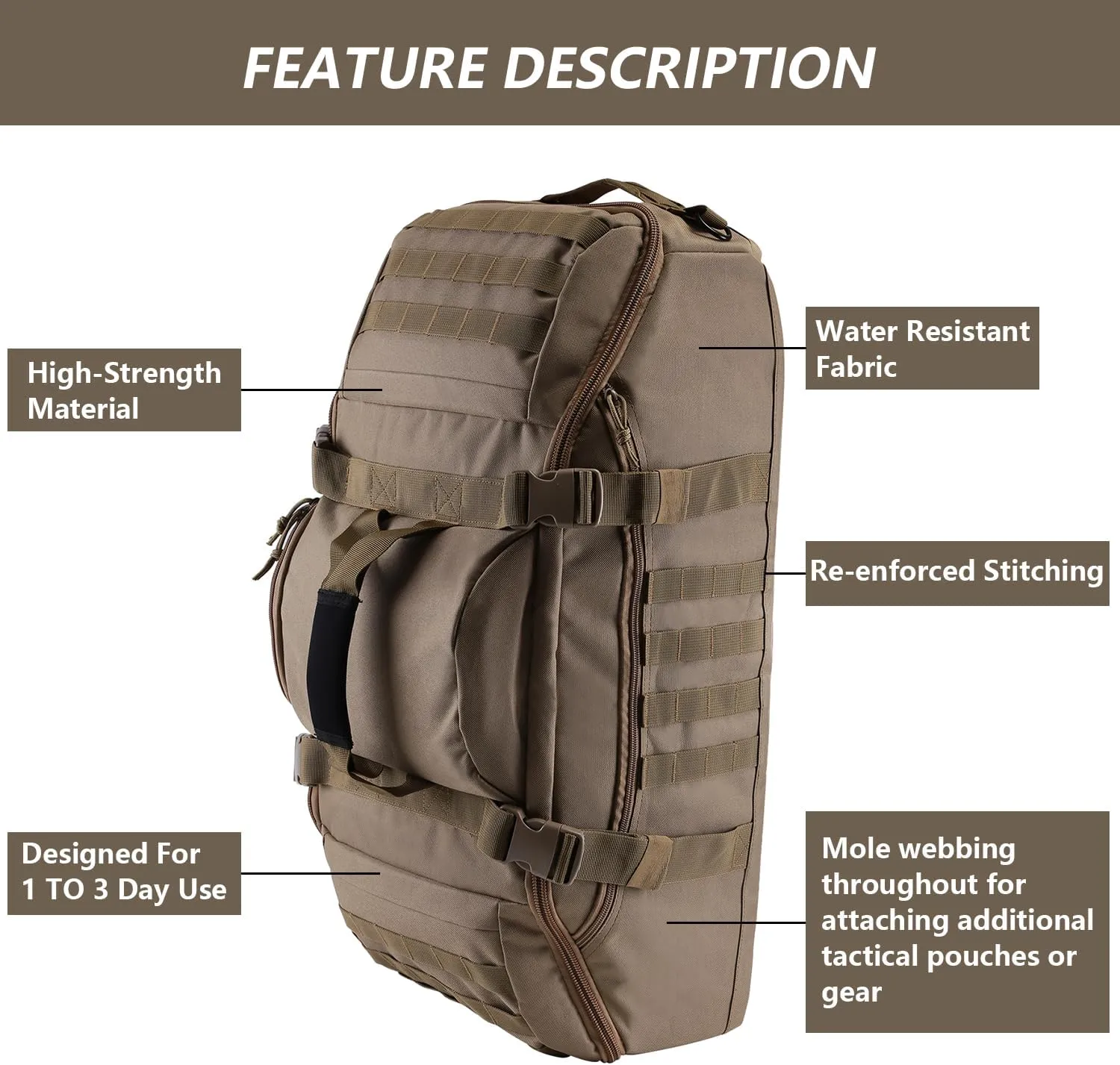 55L Large Duffle Bag, 3-in-1 Tactical Backpack MOLLE Pack for Gym, Sports, Outdoor, Coyote