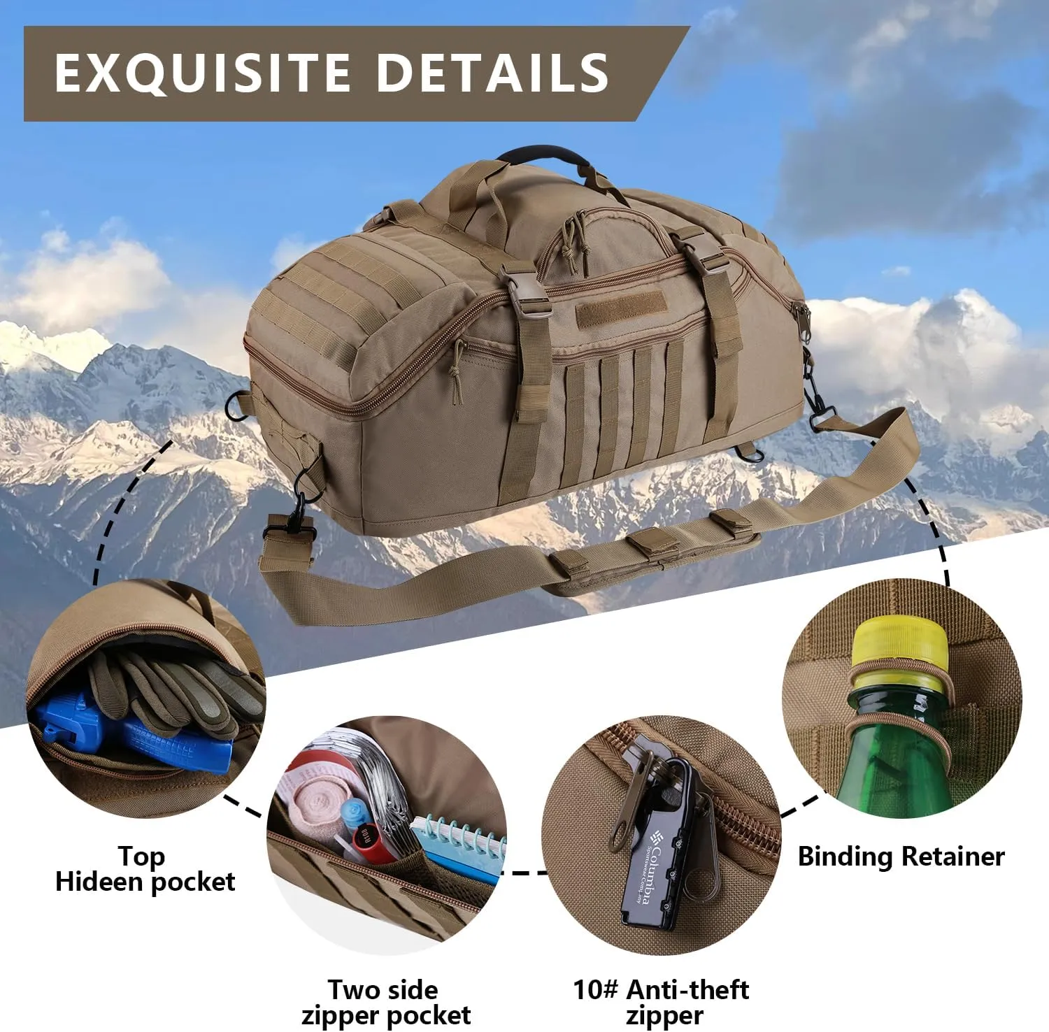 55L Large Duffle Bag, 3-in-1 Tactical Backpack MOLLE Pack for Gym, Sports, Outdoor, Coyote