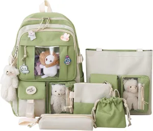 5PC School Starts Season Fashion Women Girl Student Bag Canvas Pendant Backpack (Army Green, One Size)