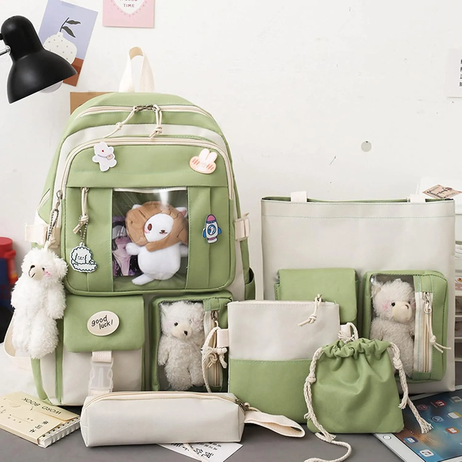 5PC School Starts Season Fashion Women Girl Student Bag Canvas Pendant Backpack (Army Green, One Size)