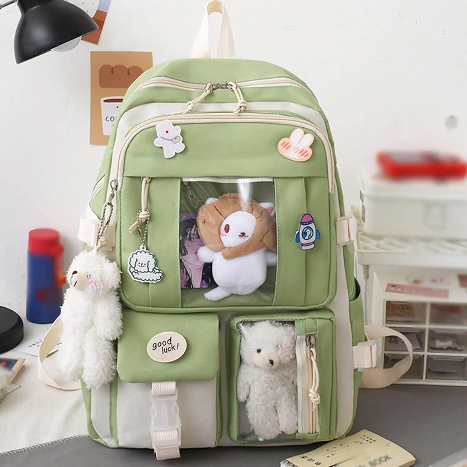 5PC School Starts Season Fashion Women Girl Student Bag Canvas Pendant Backpack (Army Green, One Size)