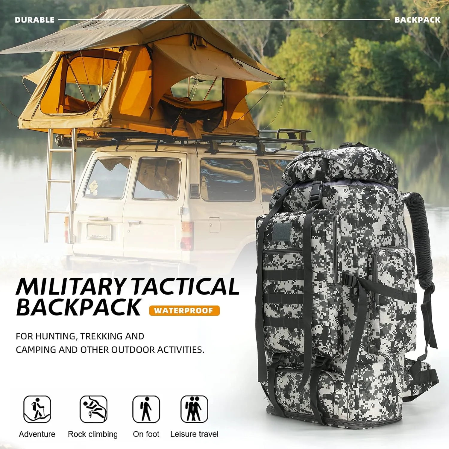 70L/100L Hiking Camping Backpack MOLLE Rucksack Waterproof Daypack for Traveling (City Camo)