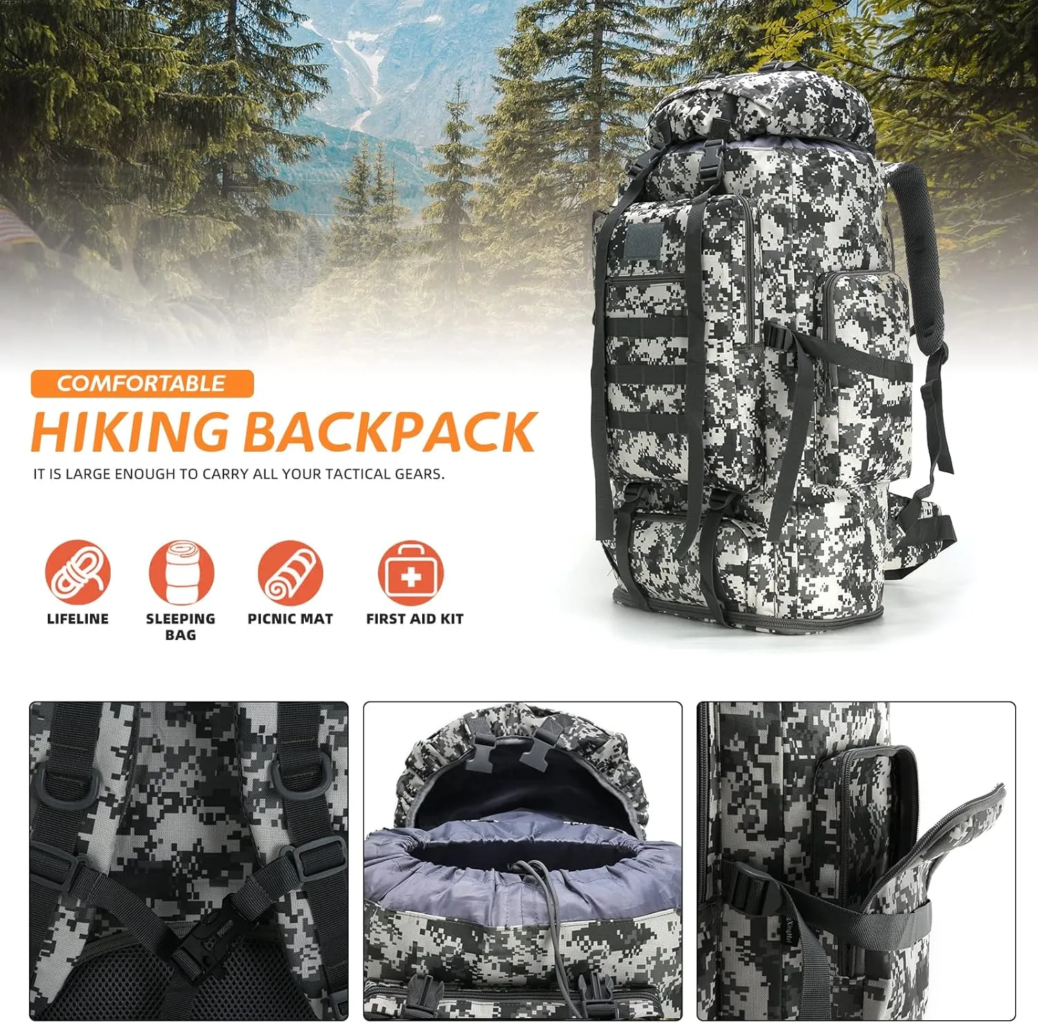 70L/100L Hiking Camping Backpack MOLLE Rucksack Waterproof Daypack for Traveling (City Camo)
