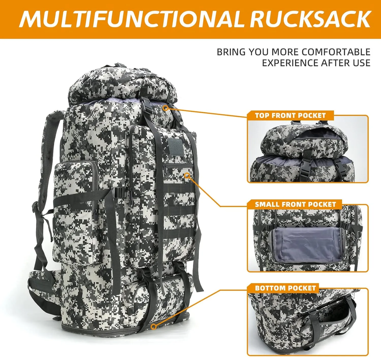 70L/100L Hiking Camping Backpack MOLLE Rucksack Waterproof Daypack for Traveling (City Camo)