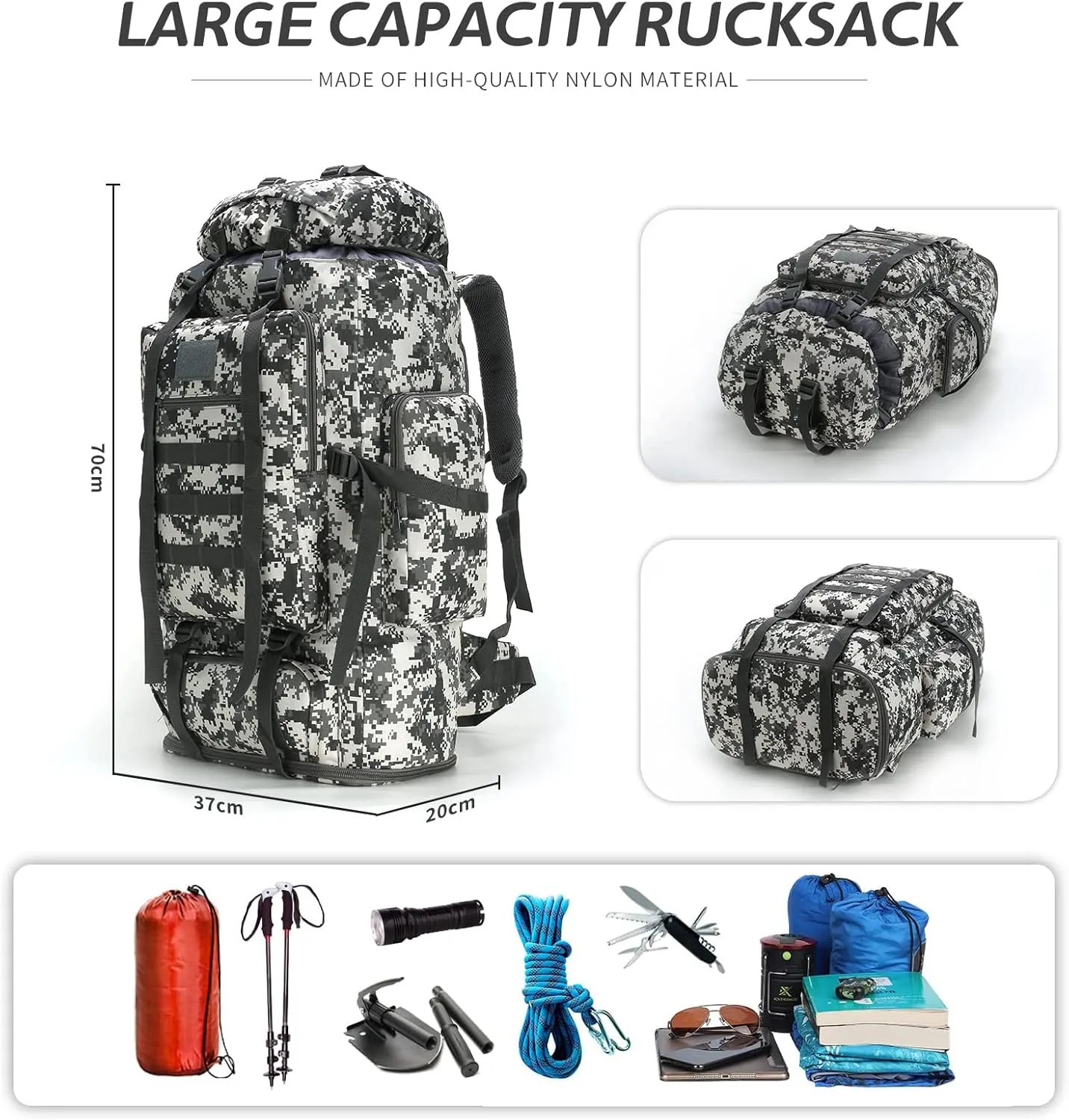 70L/100L Hiking Camping Backpack MOLLE Rucksack Waterproof Daypack for Traveling (City Camo)