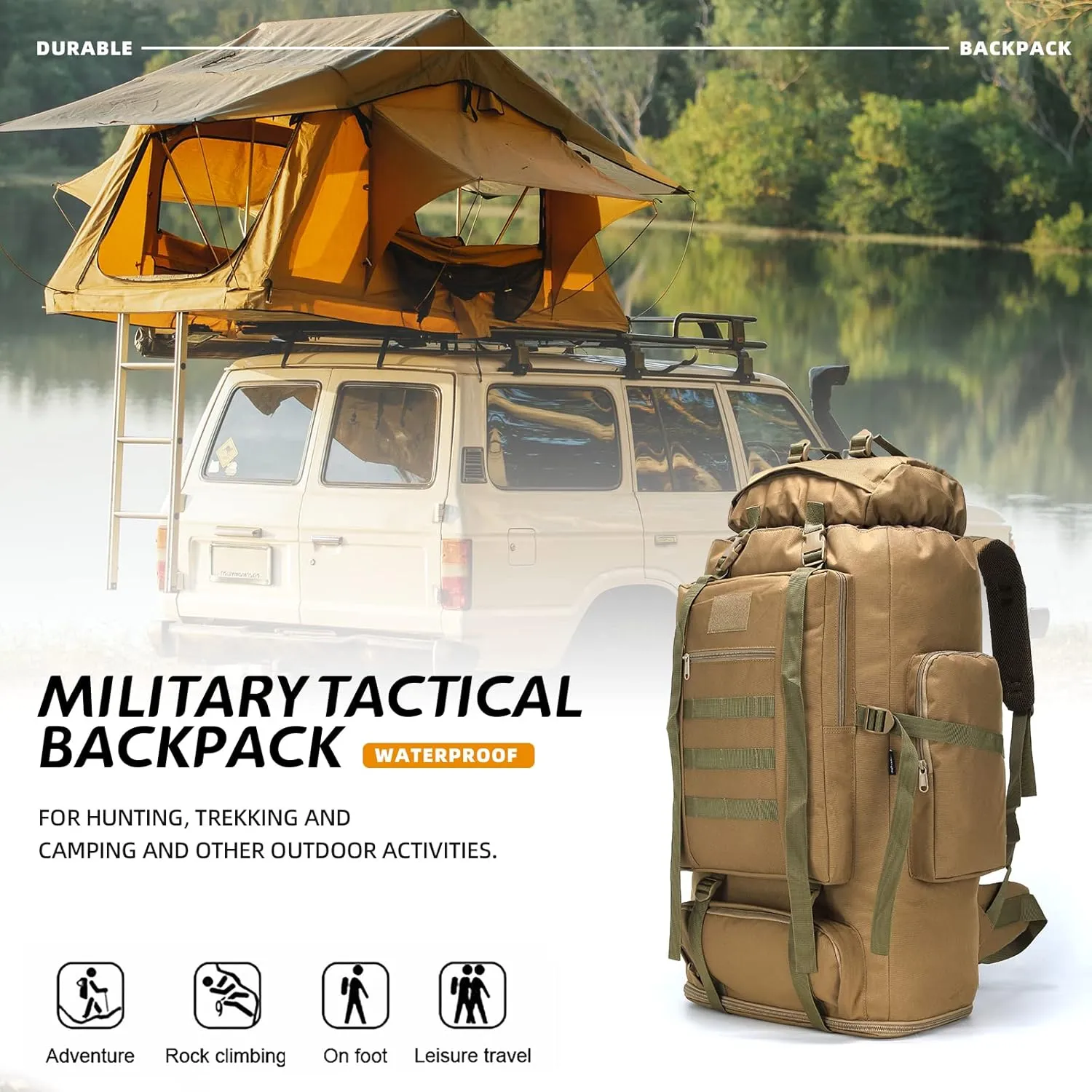 70L/100L Hiking Camping Backpack MOLLE Rucksack Waterproof Daypack for Traveling (Khaki)