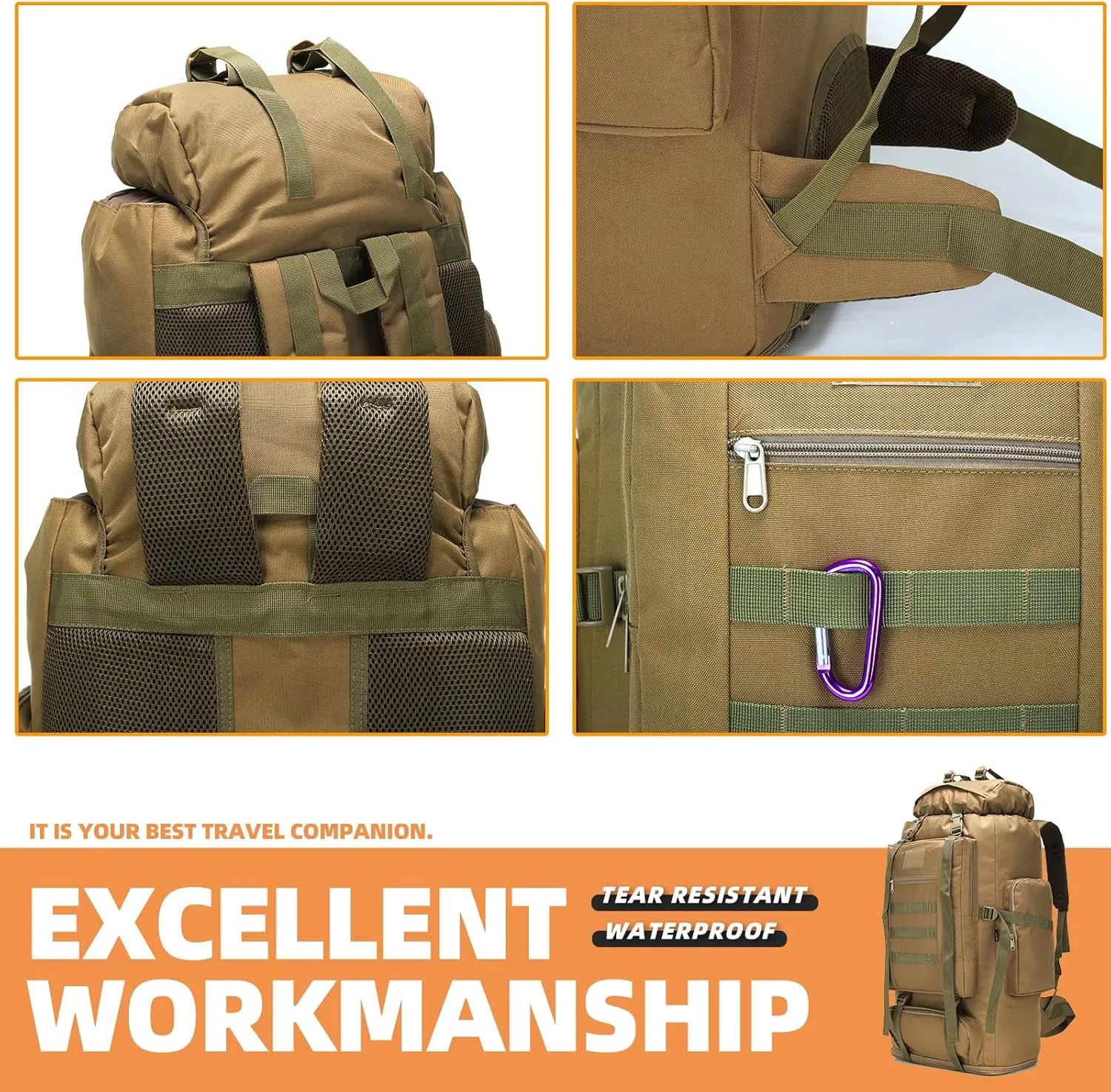70L/100L Hiking Camping Backpack MOLLE Rucksack Waterproof Daypack for Traveling (Khaki)