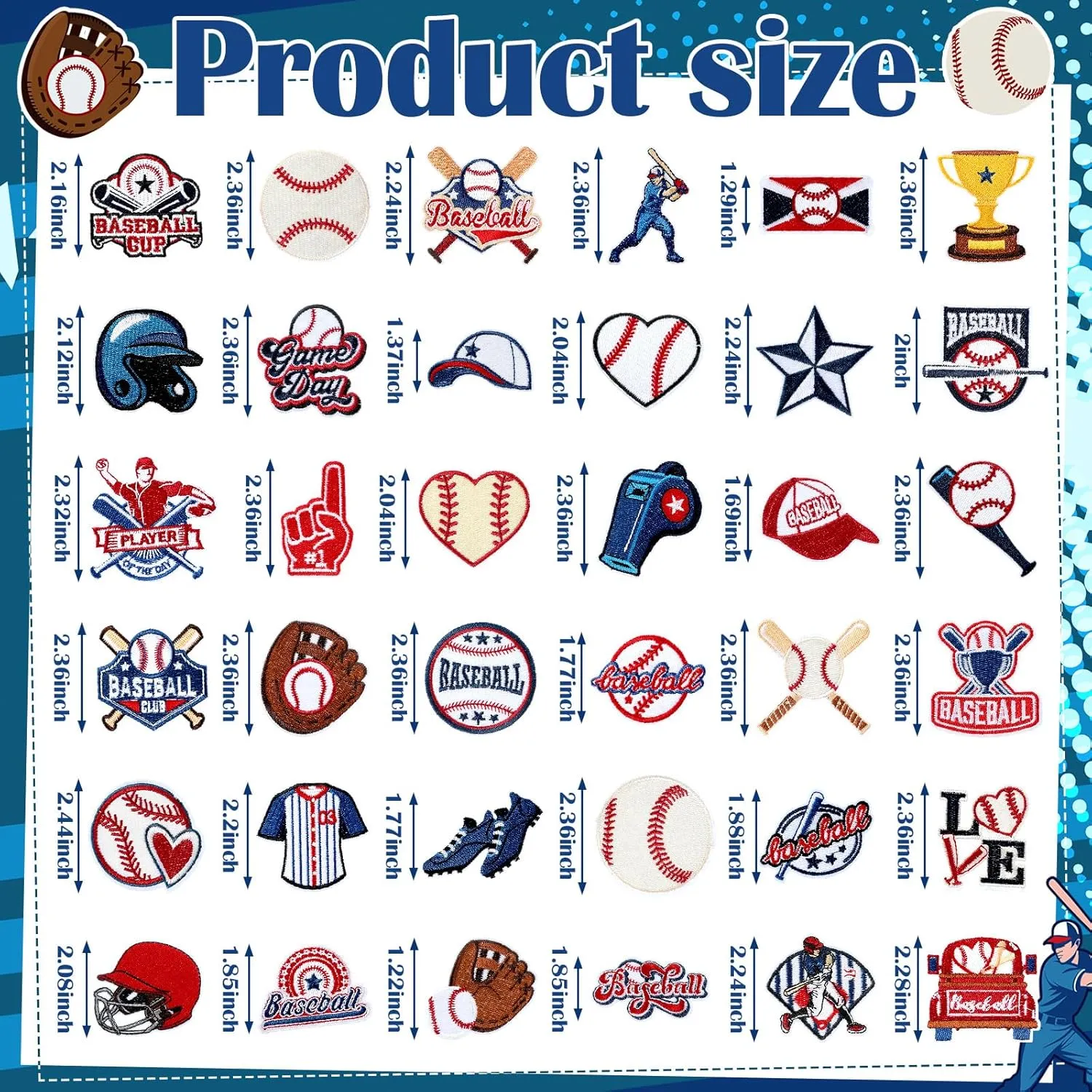 72 Pcs Baseball Iron on Patches Chenille Embroidered Baseball Patches 36 Style Iron on Hat Patch Sport Valentines Appliques for Hat Cap Clothes Patch Sew on for DIY Backpack Pants Jeans