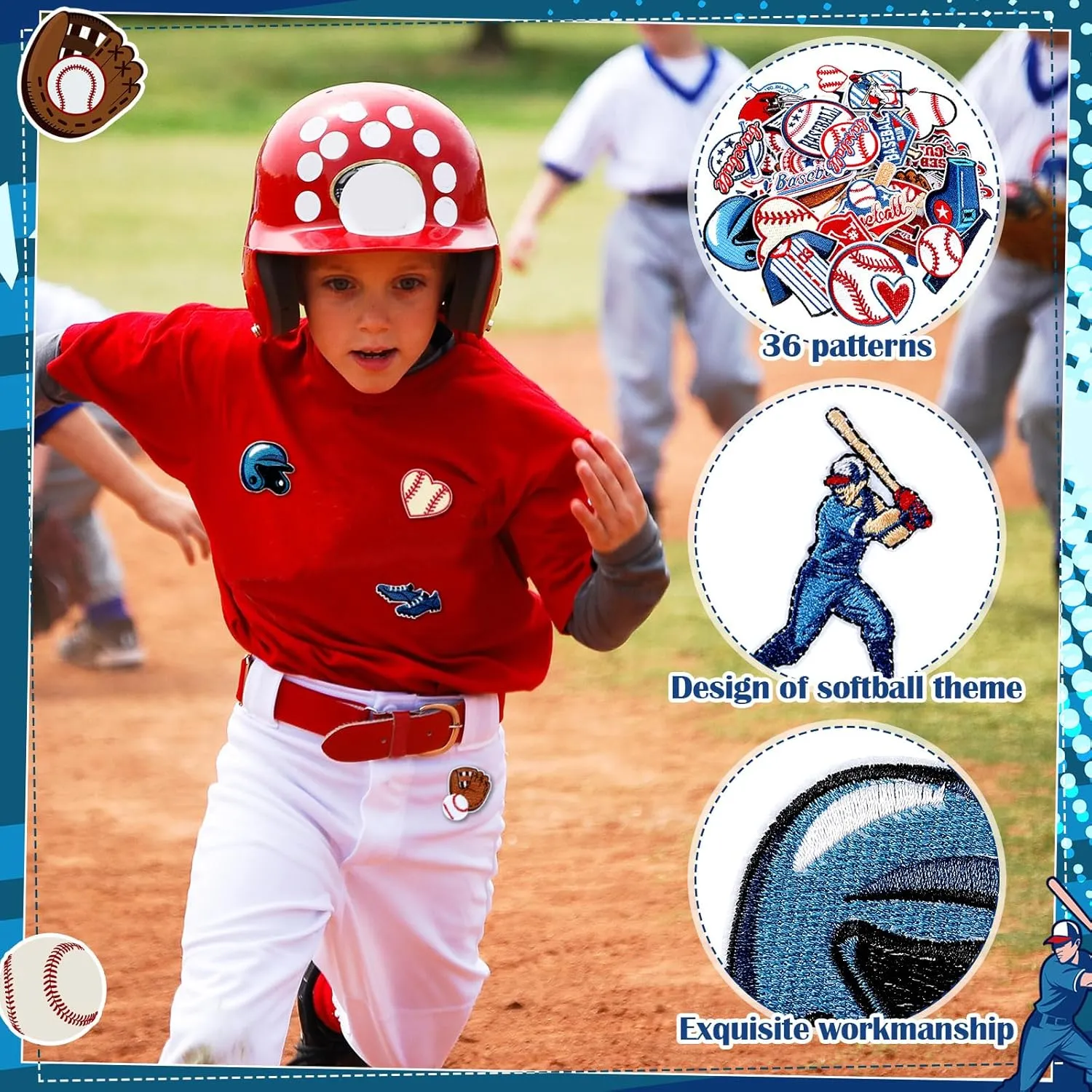 72 Pcs Baseball Iron on Patches Chenille Embroidered Baseball Patches 36 Style Iron on Hat Patch Sport Valentines Appliques for Hat Cap Clothes Patch Sew on for DIY Backpack Pants Jeans