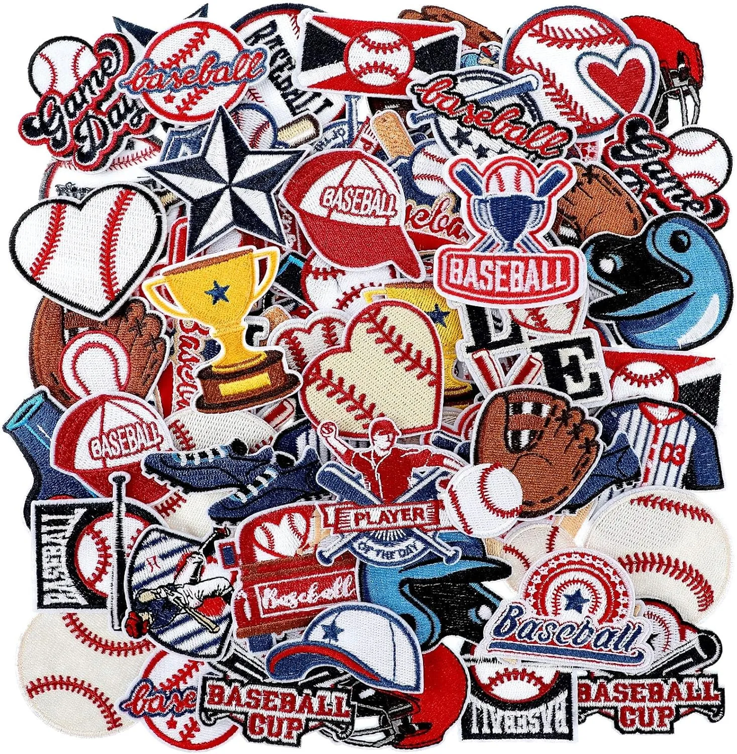 72 Pcs Baseball Iron on Patches Chenille Embroidered Baseball Patches 36 Style Iron on Hat Patch Sport Valentines Appliques for Hat Cap Clothes Patch Sew on for DIY Backpack Pants Jeans