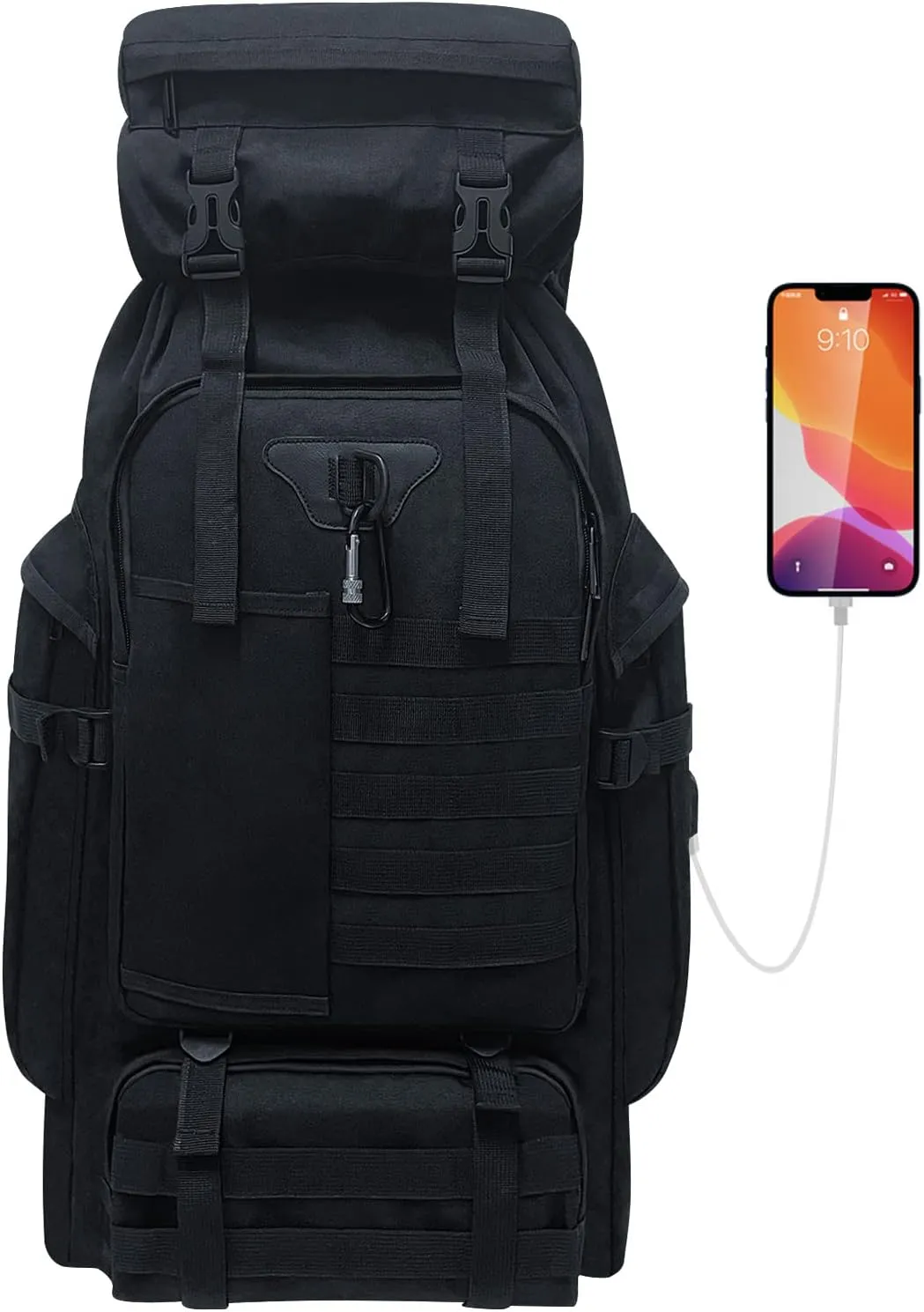 80L Camping Hiking Backpack, Large Military Tactical Backpack, Waterproof Travel Daypack With Carabiner Outdoor Molle Rucksack for Men Women (Black)