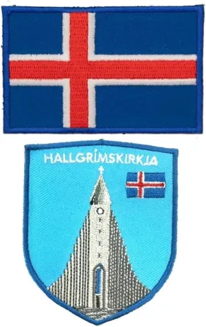 A-ONE 2 PCS Pack-Hallgrímskirkja Shield Embroidery Iceland Flag Patch, Landmark Souvenir, Lutheranism, Reykjavík Landmark, Cultural Decoration, Iron Sew on Clothes Jeans Bags NO.256C