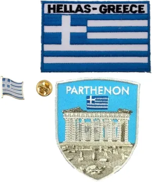 A-ONE 3 PCS Pack- Parthenon Landmark Patch Greece Flag Laplel Pin and Badge, Athena, Greek Travel Souvenir, Badge and Pin for Jacket Clothes Jeans Bags, Patriotic Accessories NO.295B