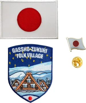 A-ONE - Gassho Village Shirakawago Japan Landmark Embroidery Needle Patch, Japan Flag Combat Patch, Japan Flag Pin Pinbadges for Jeans Shoes NO.169B