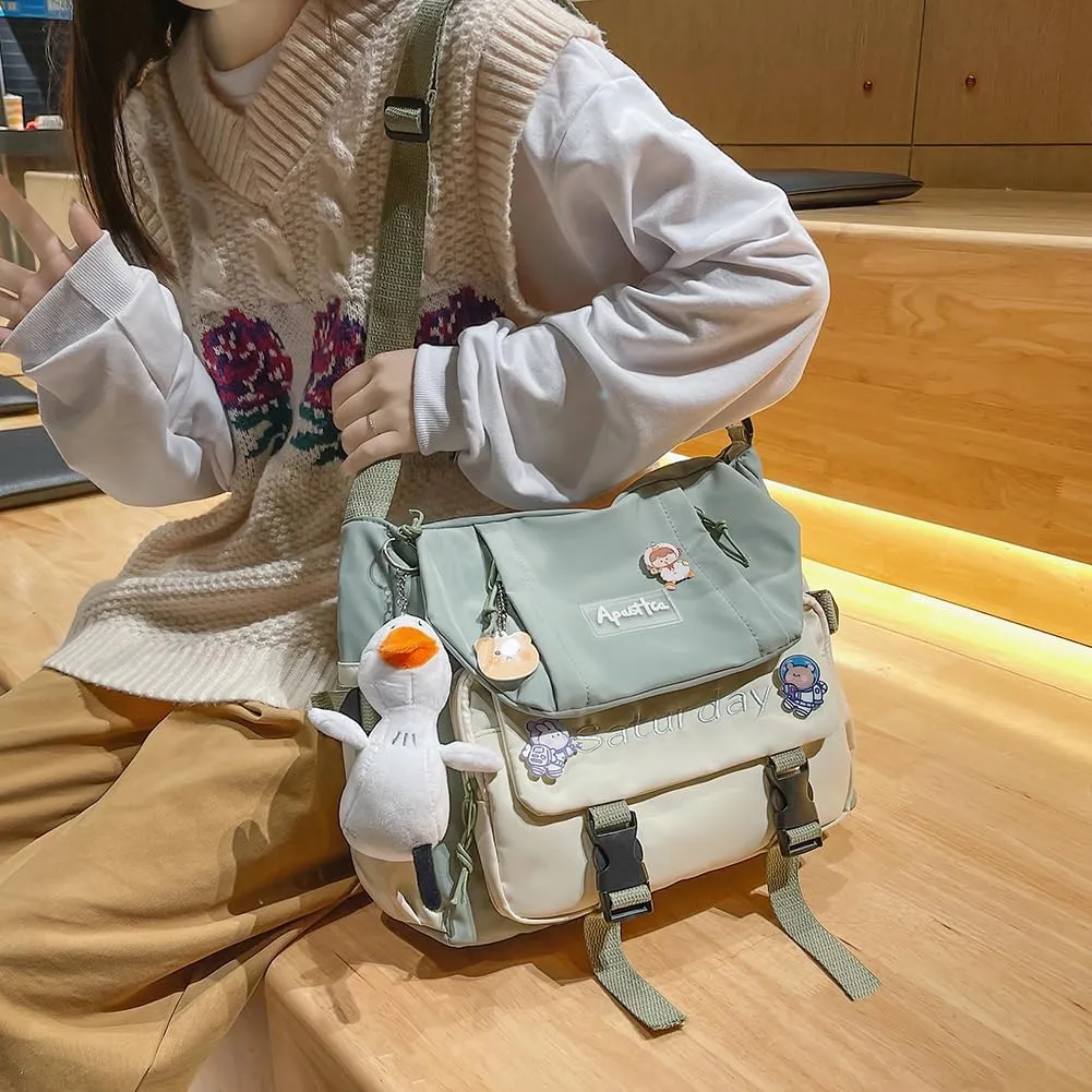 Aesthetic Messenger Bag with Stuffed Pendant and Pins Kawaii Shoulder Bag for Women Cute Japanese Ita Bag